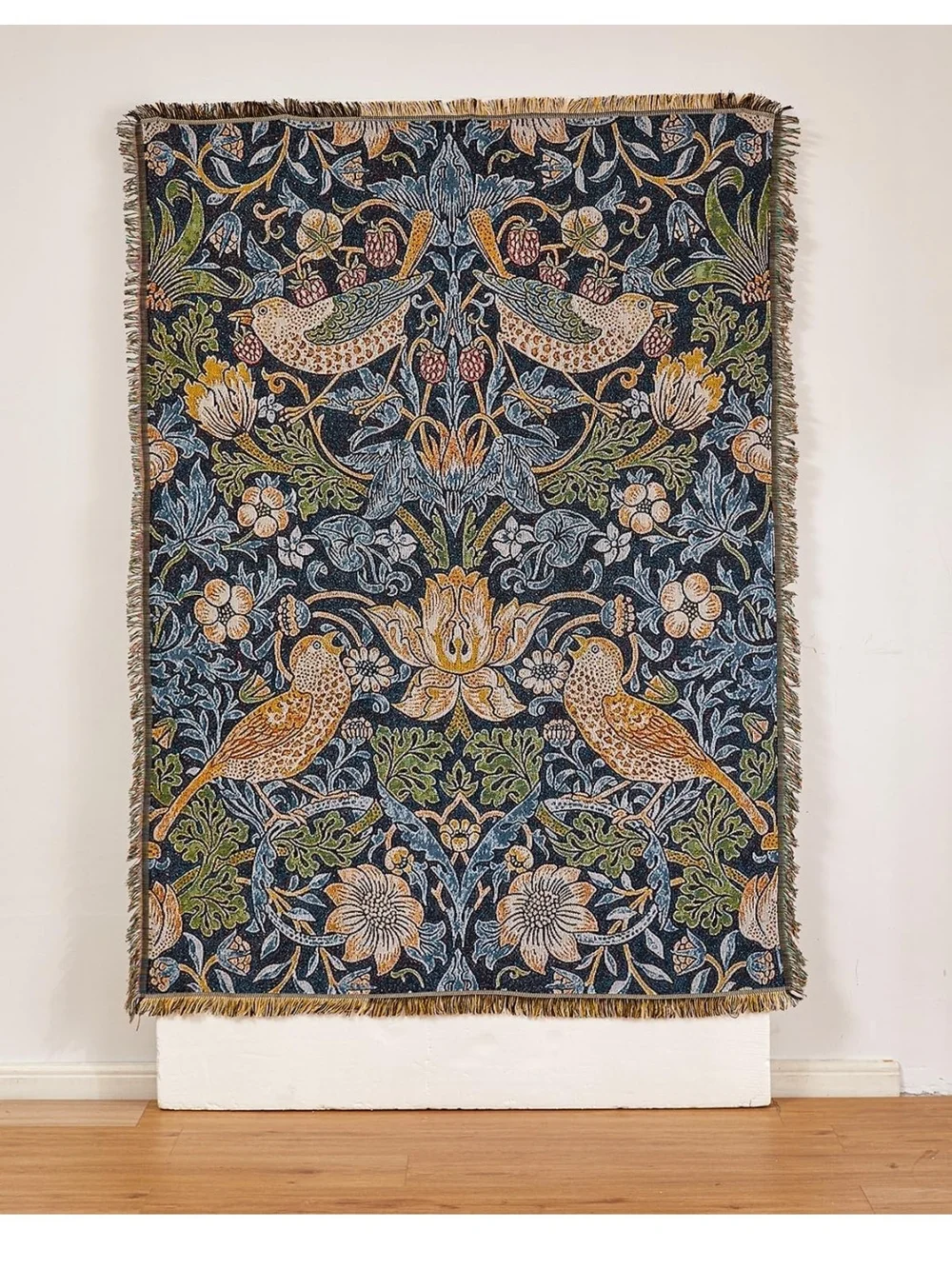 Floral Bird Woven Throw Blanket - Navy, Gold, Green 50X70